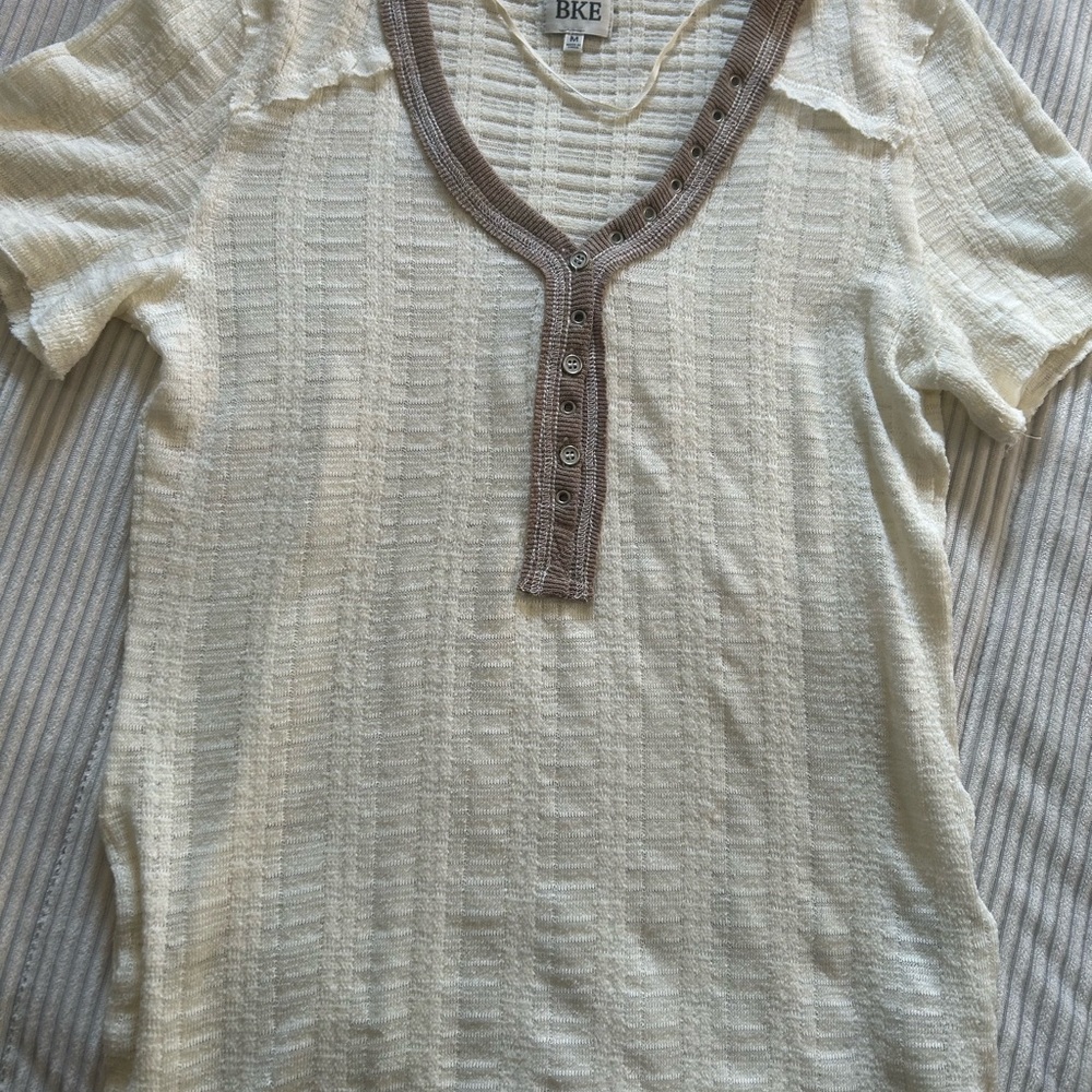 BKE Cream and Brown Henley Top